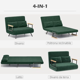 Sofá Cama de 2 Plazas con Respaldo Regulable en 5 Niveles, Sofá Cama Matrimonial Plegable con 2 Cojines para Salón, en Tejido Acolchado, Acero y Madera, 102X73X81 Cm, Verde