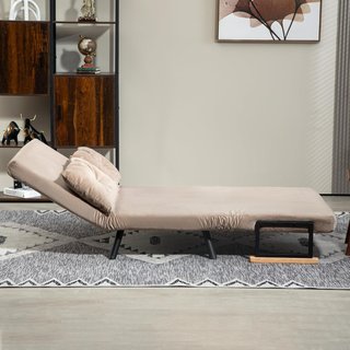 Sofá Cama de 2 Plazas con Respaldo Regulable en 5 Niveles, Sofá Cama Matrimonial Plegable con 2 Cojines para Sala de Estar, en Tejido Acolchado, Acero y Madera, 102X73X81 Cm, Marrón Claro