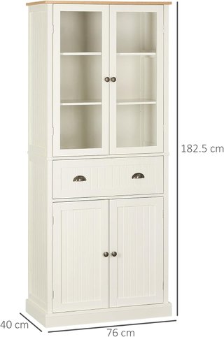 Mobile dispensa a 5 livelli con cassetto centrale, dispensa per cucina, sala da pranzo e soggiorno con ripiani regolabili e porte in vetro temperato, 76X40X182.5 Cm, Bianco Crema