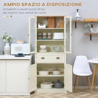 Mobile dispensa a 5 livelli con cassetto centrale, dispensa per cucina, sala da pranzo e soggiorno con ripiani regolabili e porte in vetro temperato, 76X40X182.5 Cm, Bianco Crema
