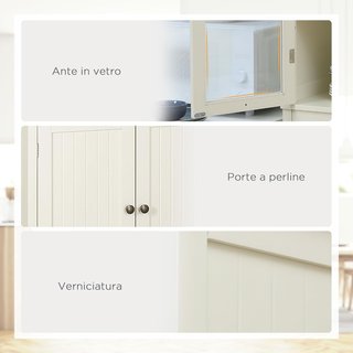 Mobile dispensa a 5 livelli con cassetto centrale, dispensa per cucina, sala da pranzo e soggiorno con ripiani regolabili e porte in vetro temperato, 76X40X182.5 Cm, Bianco Crema