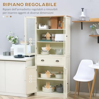 Mobile dispensa a 5 livelli con cassetto centrale, dispensa per cucina, sala da pranzo e soggiorno con ripiani regolabili e porte in vetro temperato, 76X40X182.5 Cm, Bianco Crema