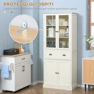 Mobile dispensa a 5 livelli con cassetto centrale, dispensa per cucina, sala da pranzo e soggiorno con ripiani regolabili e porte in vetro temperato, 76X40X182.5 Cm, Bianco Crema