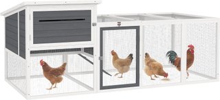 Gallinero para Gallinas Ponedoras de Exterior con Casa, Nido para Incubación, Techo Impermeable, Bandeja Extraíble y Puertas, Jaula Recinto para 2-4 Gallinas y Conejos de Madera, 214X101X91.5Cm, Gris