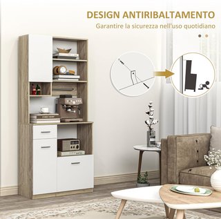 Alto Mobile da Cucina con Cassetto, 3 Armadi e 4 Ripiani Aperti, Mobile Dispensa con Ripiano Regolabile in Truciolato, per Soggiorno e Cucina, 80X35X180 Cm, Bianco e Rovere
