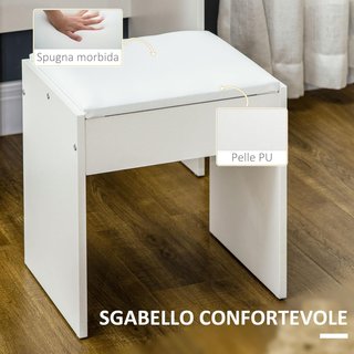 Stazione di trucco con grande specchio in vetro temperato, toeletta con taburete imbottito, 4 cassetti e 4 ripiani, stazione di trucco per camera da letto, bianco