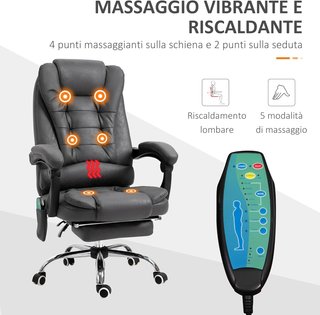 Silla De Oficina Masajeadora Y Reclinable Con 6 Puntos De Masaje Y Calefacción, Silla De Escritorio Con Altura Regulable, Gris