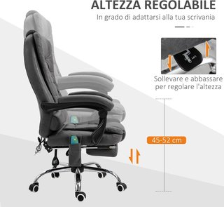 Silla De Oficina Masajeadora Y Reclinable Con 6 Puntos De Masaje Y Calefacción, Silla De Escritorio Con Altura Regulable, Gris
