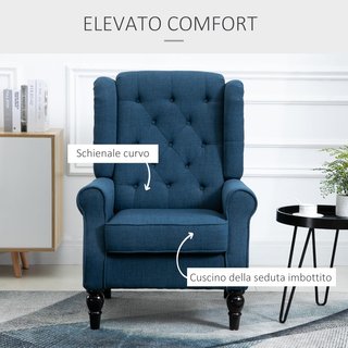 Poltrona da Camera da Letto Stile Francese con Ampio Sedile, Poltroncina Imbottitura con Braccioli e Imbottitura, con Gambe in Legno per Soggiorno e Ufficio, Blu