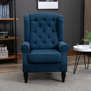 Poltrona da Camera da Letto Stile Francese con Ampio Sedile, Poltroncina Imbottitura con Braccioli e Imbottitura, con Gambe in Legno per Soggiorno e Ufficio, Blu