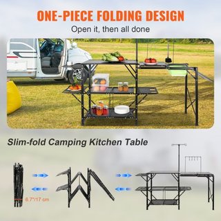 Mesa de Cocina para Camping, Estación de Cocción Portátil Plegable de Una Pieza con Bolsa de Transporte, Mesa de Camping de Aluminio Larga con 3 Mesas Laterales, 2 Estantes y un Fregadero Desmonta...