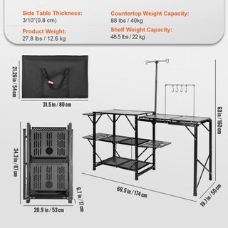 Mesa de Cocina para Camping, Estación de Cocción Portátil Plegable de Una Pieza con Bolsa de Transporte, Mesa de Camping de Aluminio Larga con 3 Mesas Laterales, 2 Estantes y un Fregadero Desmonta...