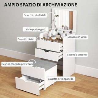 Stazione di trucco 3 in 1 con specchio pieghevole, taburete nascosto, toeletta con taburete imbottito su ruote, 3 cassetti, superficie in vetro trasparente, spazio di archiviazione, risparmia spazio...