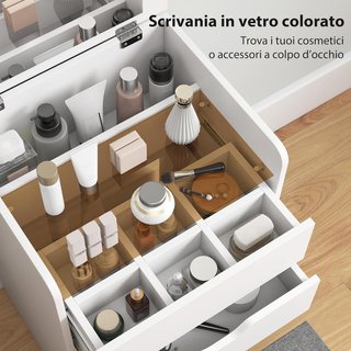 Stazione di trucco 3 in 1 con specchio pieghevole, taburete nascosto, toeletta con taburete imbottito su ruote, 3 cassetti, superficie in vetro trasparente, spazio di archiviazione, risparmia spazio...