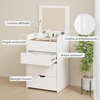 Stazione di trucco 3 in 1 con specchio pieghevole, taburete nascosto, toeletta con taburete imbottito su ruote, 3 cassetti, superficie in vetro trasparente, spazio di archiviazione, risparmia spazio...