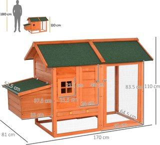 Gallinero de Madera Prefabricado con Nido para Poner Huevos y Bandeja Extraíble para Jardín, 170X74X106 Cm, Naranja y Verde