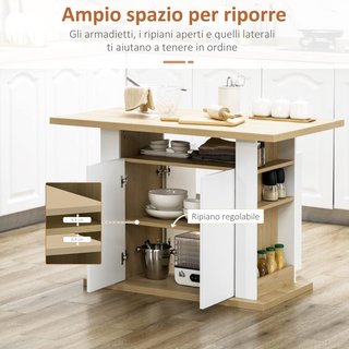 Isola Cucina 4-6 Persone, Credenza con 2 Ante e Ripiani Aperti, 110X70X75.5 Cm, Bianco e Legno