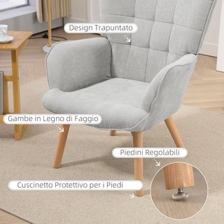 Poltrona con Pouf a Coordinare Stile Contemporaneo, Poltroncina in Tessuto Effetto Velluto con Gambe in Faggio per Soggiorno e Sala, 72X80X101 Cm, Grigio