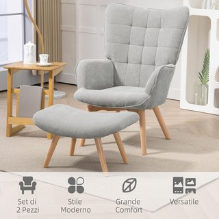 Poltrona con Pouf a Coordinare Stile Contemporaneo, Poltroncina in Tessuto Effetto Velluto con Gambe in Faggio per Soggiorno e Sala, 72X80X101 Cm, Grigio