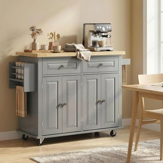 Carro De Cocina Con Ruedas, Estantes Regulables Y Porta Especias, Isla De Cocina Con Superficie De Trabajo De Madera De Caucho, Para Cocina Y Sala De Estar, 111X44.5X82.5 Cm, Gris
