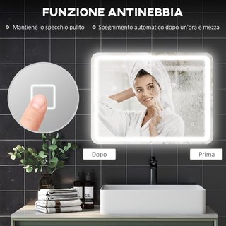 Espejo de Baño con Luz LED 60X80 cm, Espejo de Pared con 3 Colores Regulables, Función de Memoria, Antiempañamiento, Interruptores Táctiles, en Vidrio Templado, IP44, Horizontal/Vertical
