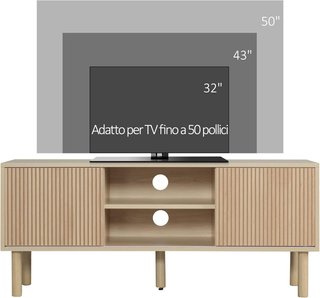 Mobile porta TV fino a 50'' con scomparti aperti e armadi con ante scorrevoli, tavolo basso da soggiorno con 2 fori per cavi, 115X40X49cm