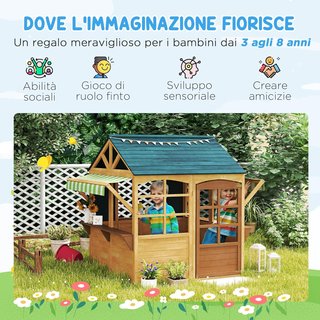 Casa de Niños de Madera de Abeto, Casa de Jardín Plegable con 5 Ventanas, Techo, Puerta y 2 Pizarras Negras, Casa de Exterior para Niños de 3 a 8 Años, 173X117X144 Cm, Marrón