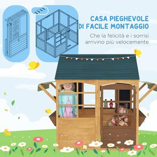 Casa de Niños de Madera de Abeto, Casa de Jardín Plegable con 5 Ventanas, Techo, Puerta y 2 Pizarras Negras, Casa de Exterior para Niños de 3 a 8 Años, 173X117X144 Cm, Marrón