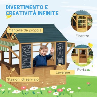 Casa de Niños de Madera de Abeto, Casa de Jardín Plegable con 5 Ventanas, Techo, Puerta y 2 Pizarras Negras, Casa de Exterior para Niños de 3 a 8 Años, 173X117X144 Cm, Marrón