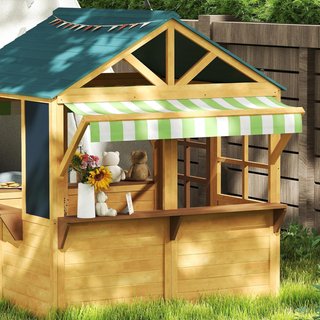 Casa de Niños de Madera de Abeto, Casa de Jardín Plegable con 5 Ventanas, Techo, Puerta y 2 Pizarras Negras, Casa de Exterior para Niños de 3 a 8 Años, 173X117X144 Cm, Marrón