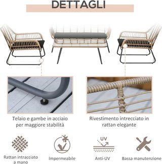 Set di mobili da giardino in rattan PE 4 pezzi, soggiorno esterno stile boho con 2 poltrone, divano e tavolino con piano