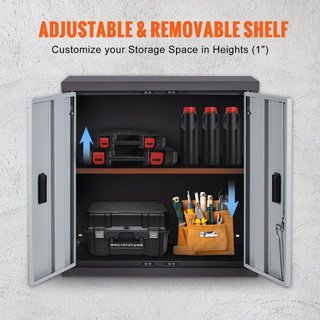 Armario de Pared Plegable, Taquilla de Garaje de Metal Montada de 660 mm Pequeño Cofre de Herramientas Capacidad de Carga de 108.8 kg Estante Ajustable Puerta Magnética Archivo para Almacén Oficin...
