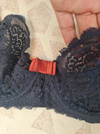 Sujetador de encaje azul con detalles rojos
