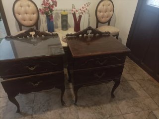 2 Mesitas de Noche Antiguas Madera y Cristal