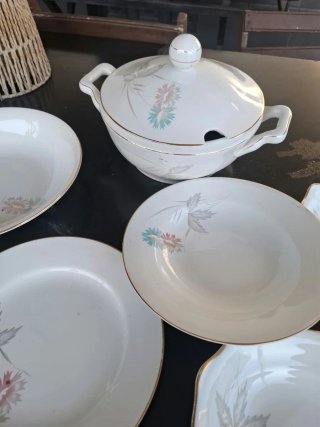 Vajilla porcelana vintage flores dorada