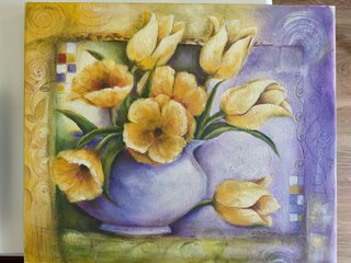 Cuadro al óleo de tulipanes amarillos