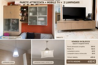 Parete attrezzata, mobile TV e 2 lampadari