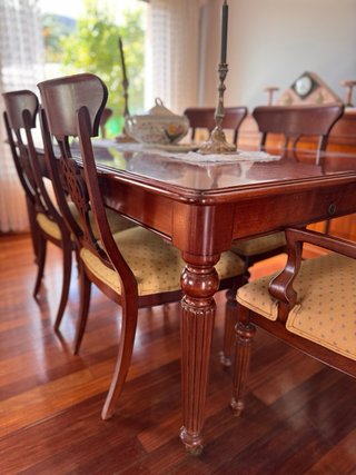 Mesa comedor y 6 sillas madera oscura
