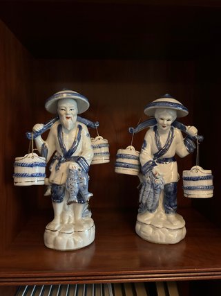 Pareja Figuras Cerámica Asiáticos Pescadores