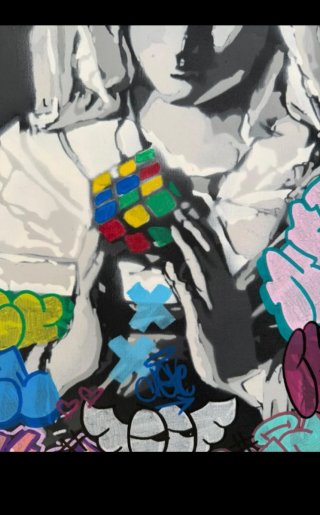Cuadro Virgen con Cubo de Rubik