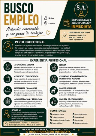 Busco empleo–Varias áreas– Incorporación inmediata