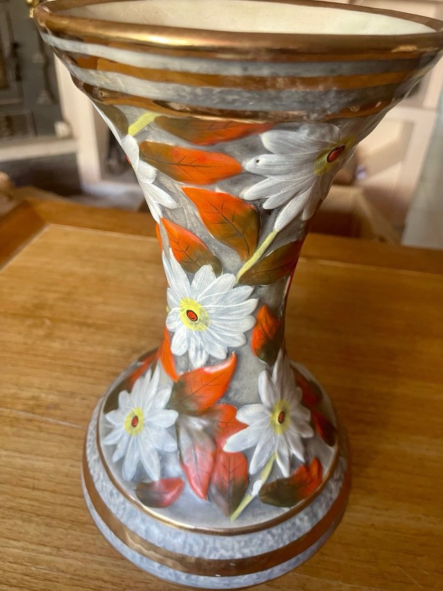 Jarrón Vintage Cerámica Floral Dorado Años 60-70