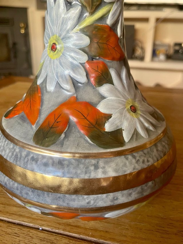 Jarrón Vintage Cerámica Floral Dorado Años 60-70