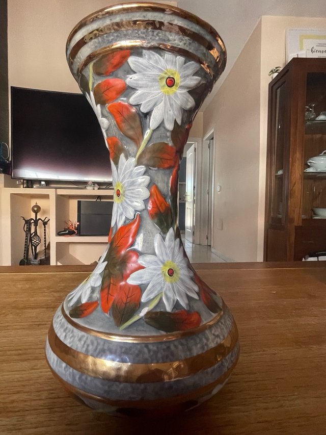 Jarrón Vintage Cerámica Floral Dorado Años 60-70