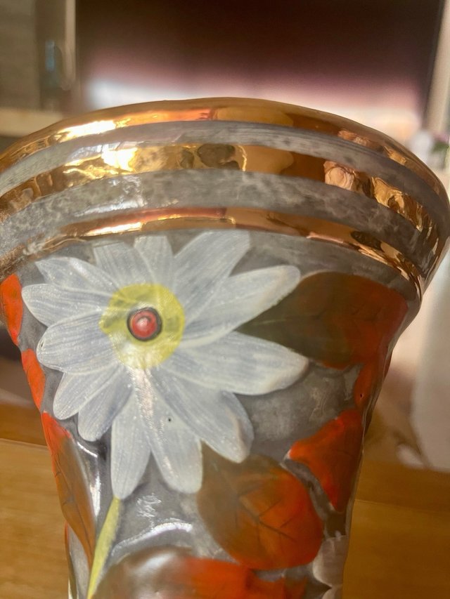 Jarrón Vintage Cerámica Floral Dorado Años 60-70