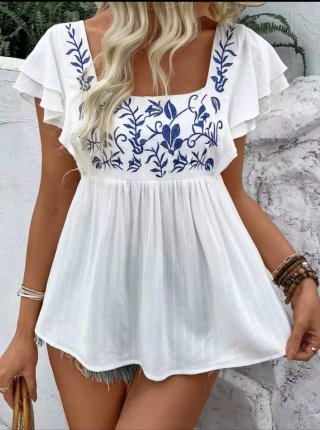 Blusa SHEIN bordada azul y blanco