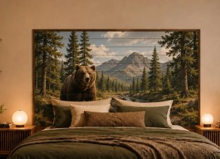 Cabecero de cama con diseño de oso y montaña