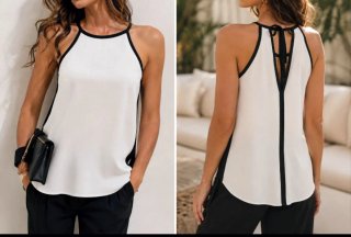 Blusa ZARA crepé blanco con vivos negros.