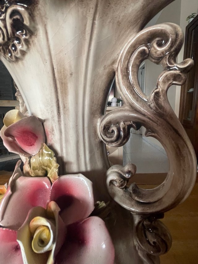 Gran Jarrón Capodimonte Italia Rosas Porcelana