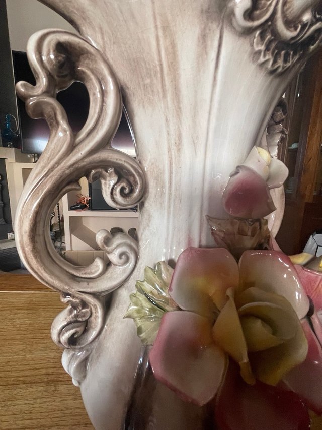 Gran Jarrón Capodimonte Italia Rosas Porcelana
